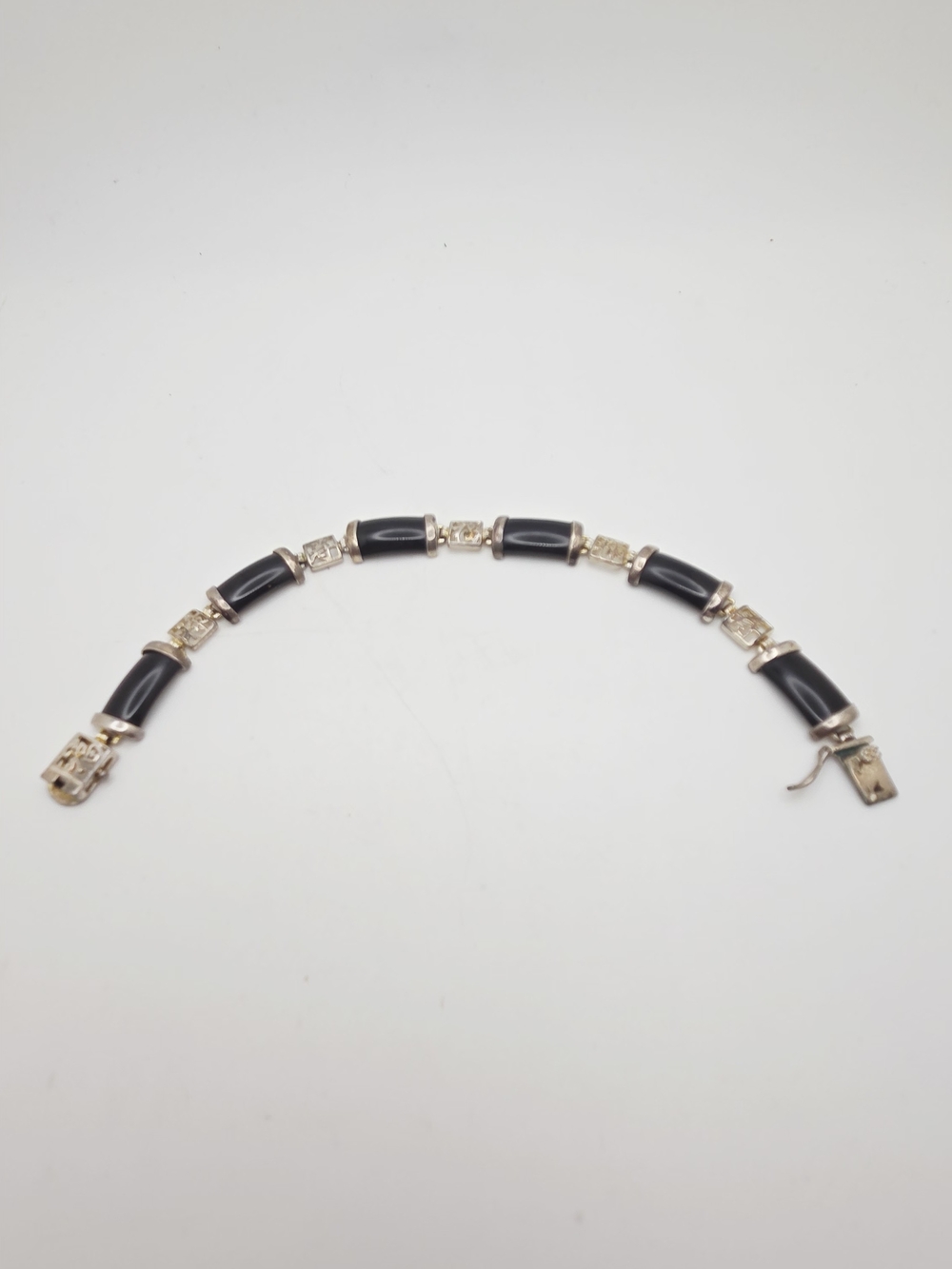 Vintage CBJP 925 Sterling Silver Black Onyx Link Bracelet - Chinese 8"